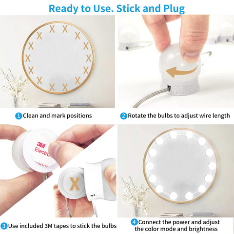 NEWKAZ stick-on mirror lights with strong 3M adhesion.