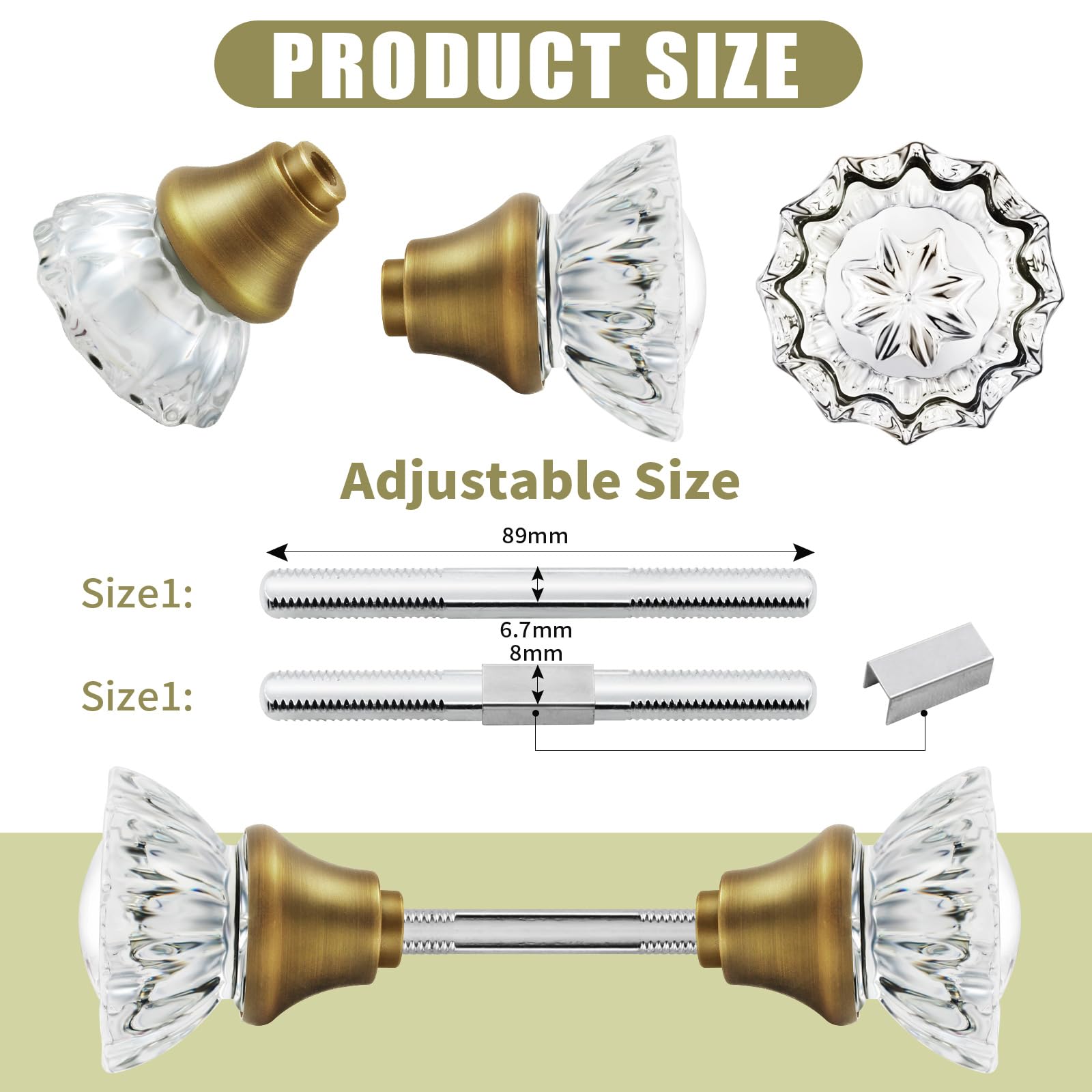 Crystal knob with antique brass finish updates old lock sets on interior rooms.