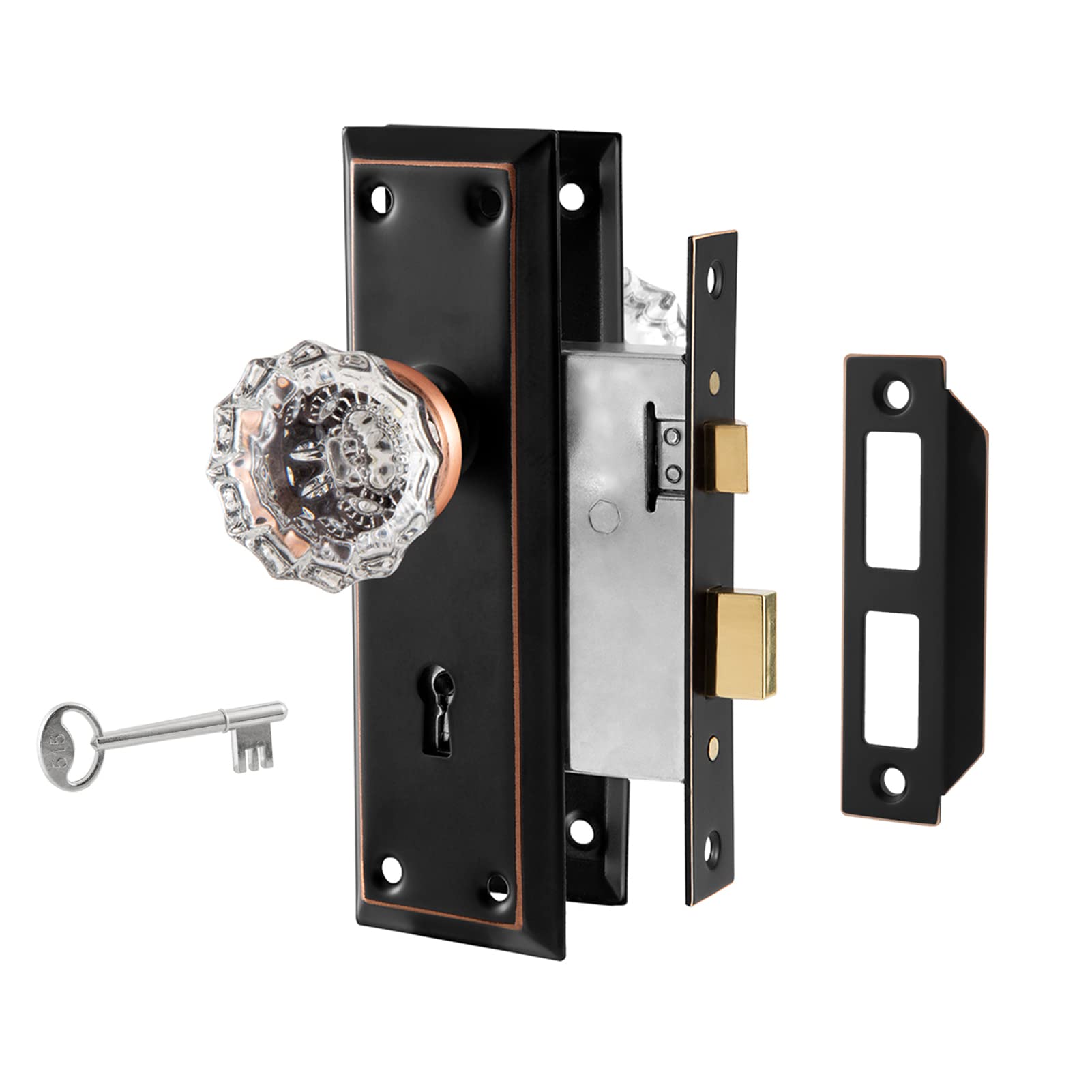 Newliplace mortise lock front view with crystal glass knob for vintage charm and secure entry