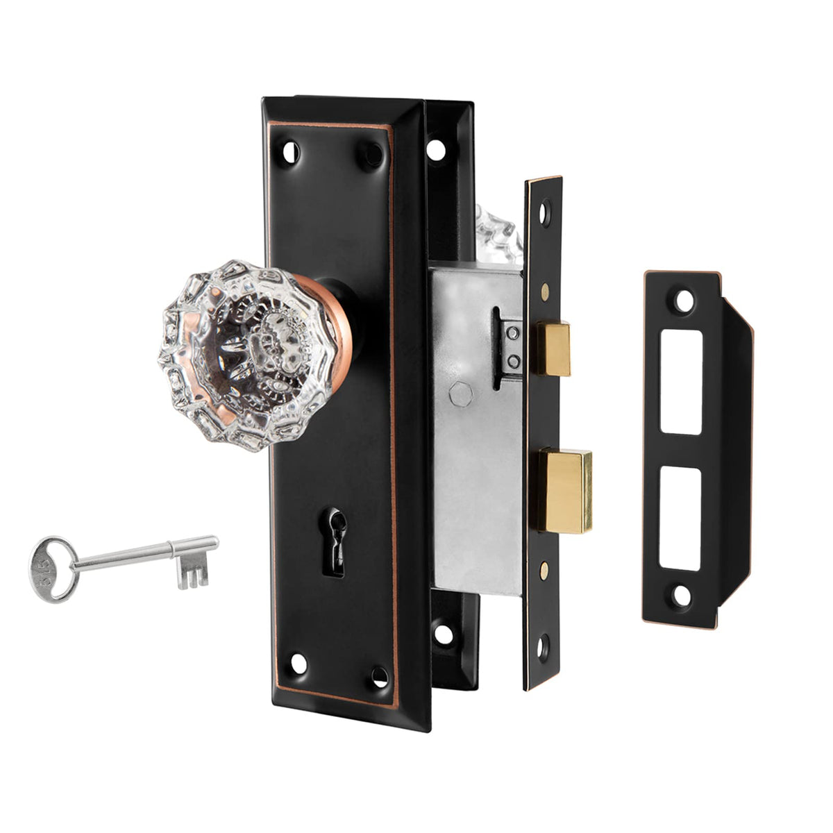 Newliplace mortise lock front view with crystal glass knob for vintage charm and secure entry