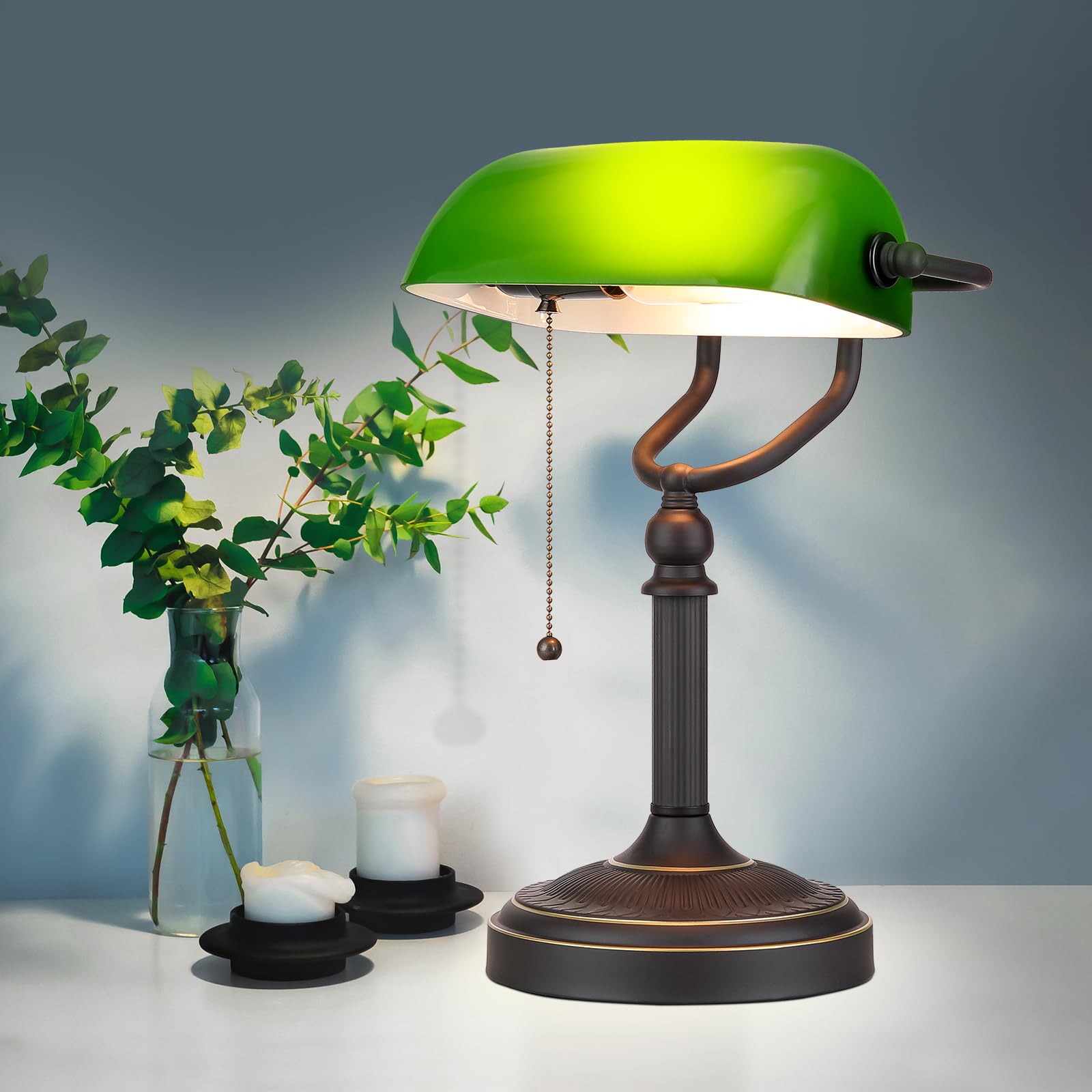 Newrays antique green glass banker lamp desk top view helps with placement