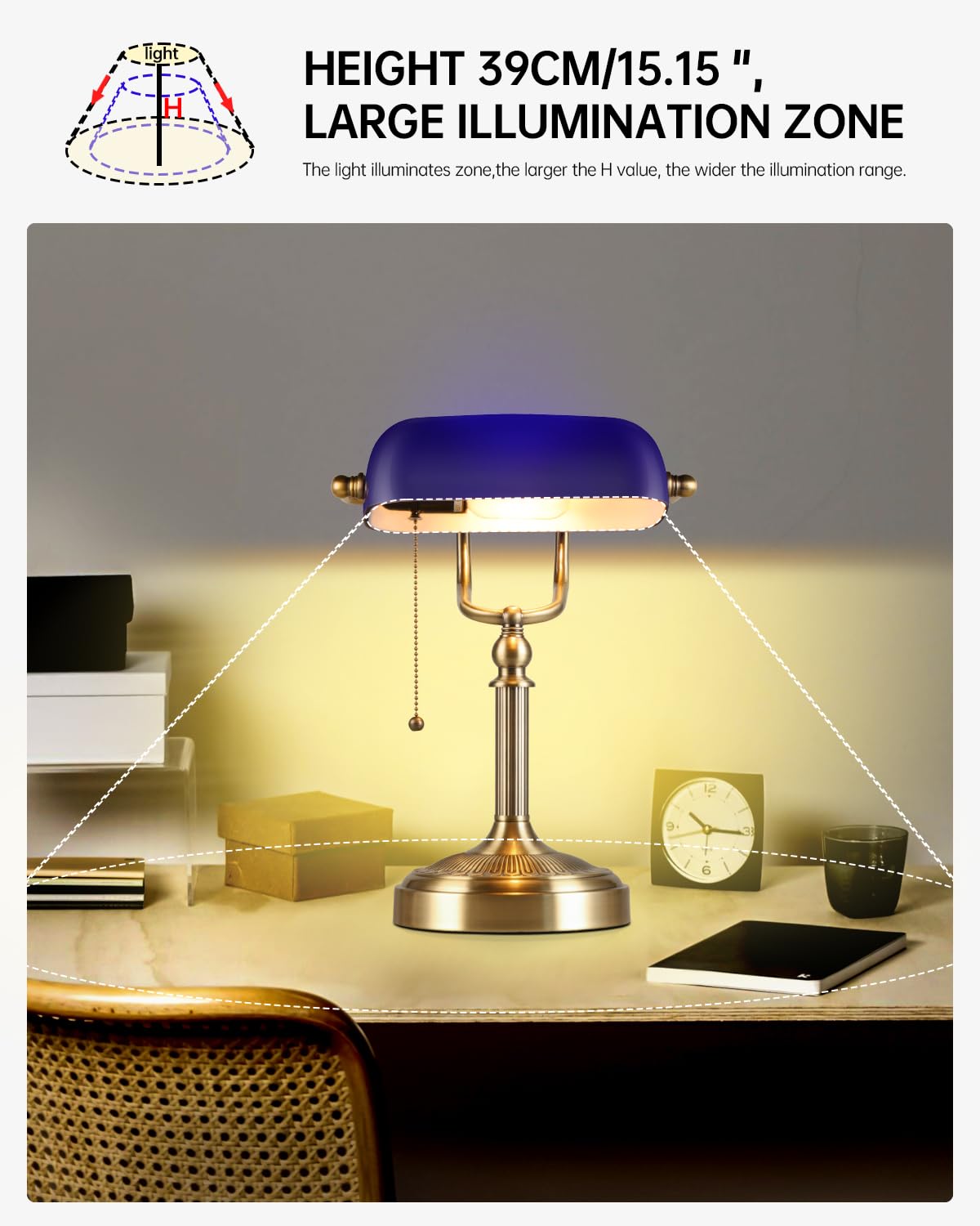 Newrays blue glass bankers lamp compact size fits tight desks