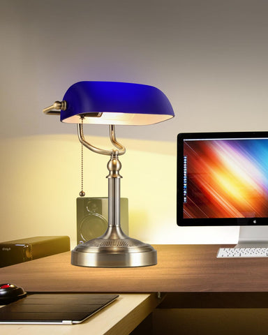 Newrays blue glass bankers desk lamp pull-chain provides convenient on/off access