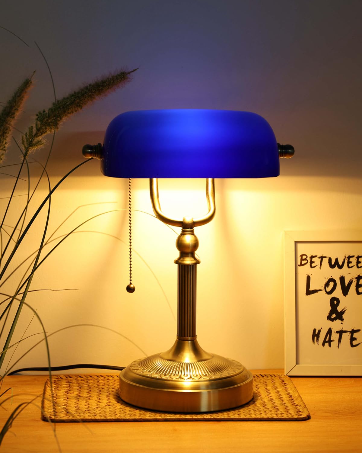 Newrays blue glass bankers desk lamp shade enhances ambient task lighting for reading