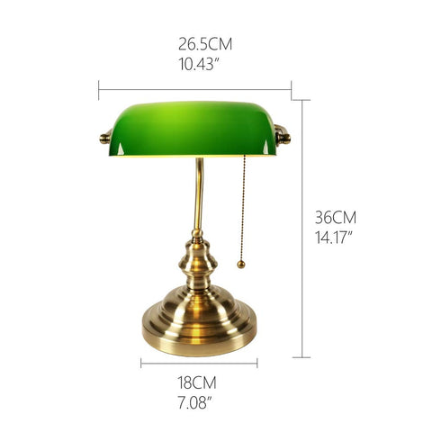 Newrays durable brass base lamp with green glass shade for office decor.