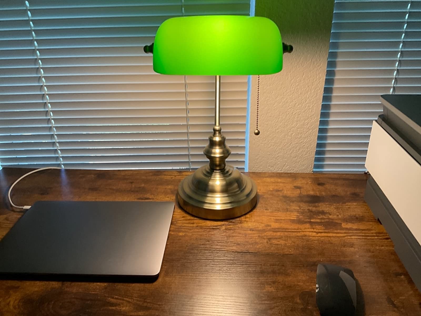 Newrays emerald glass shade with brass base for vintage desk lighting.