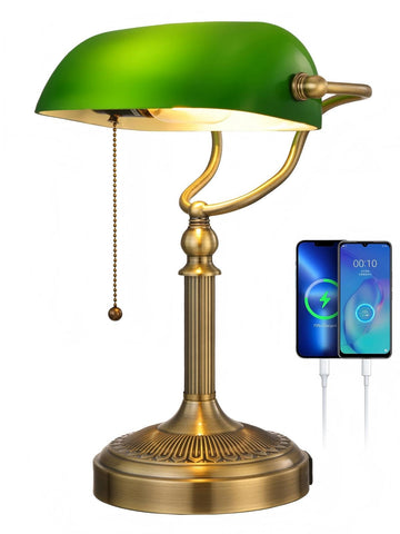 Newrays green glass bankers lamp with pull chain switch for ambient desk lighting.