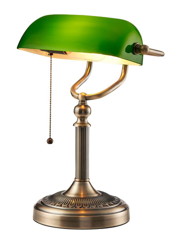 Newrays green glass bankers lamp pull chain for clear desk lighting.