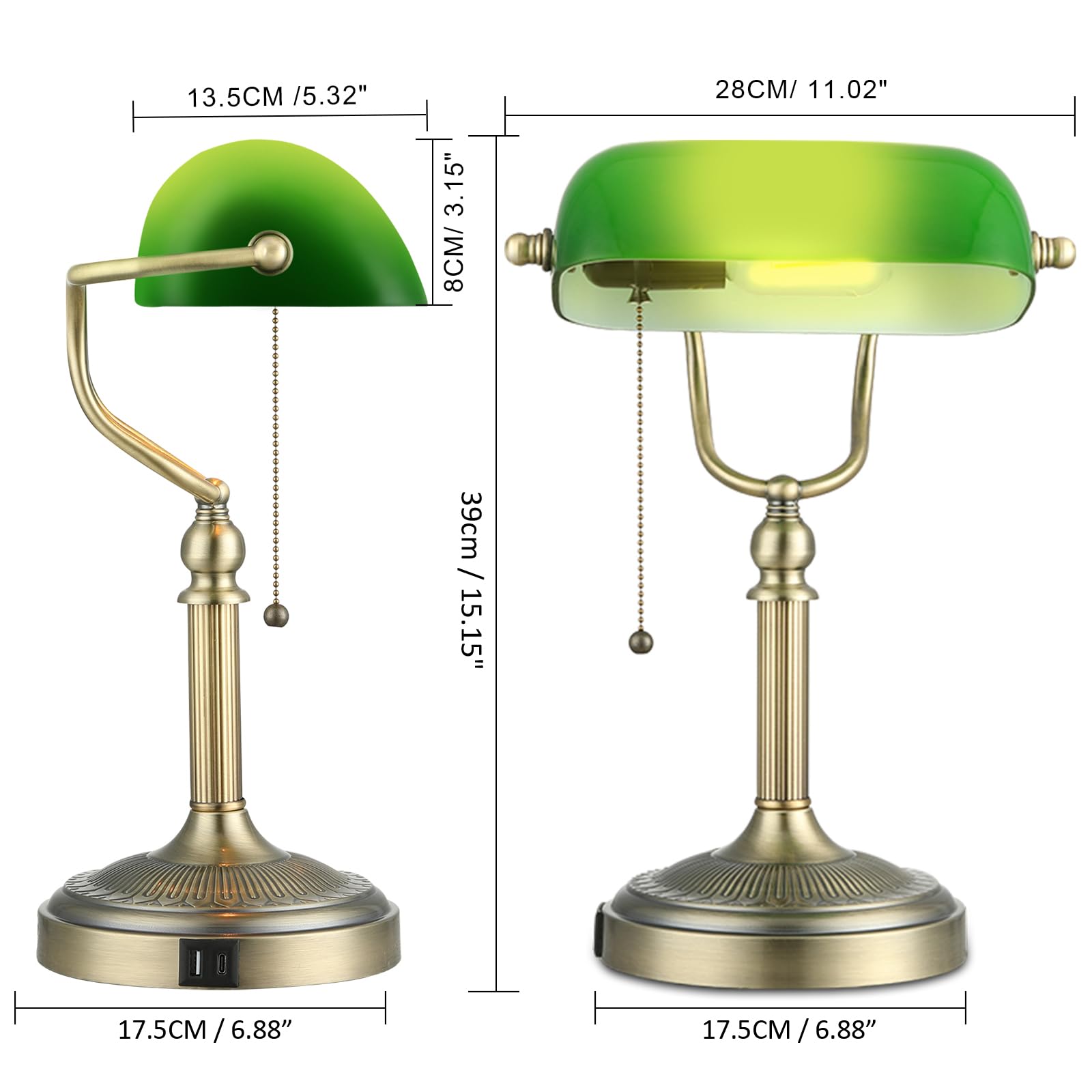 Classic green glass shade provides a vintage-inspired glow.