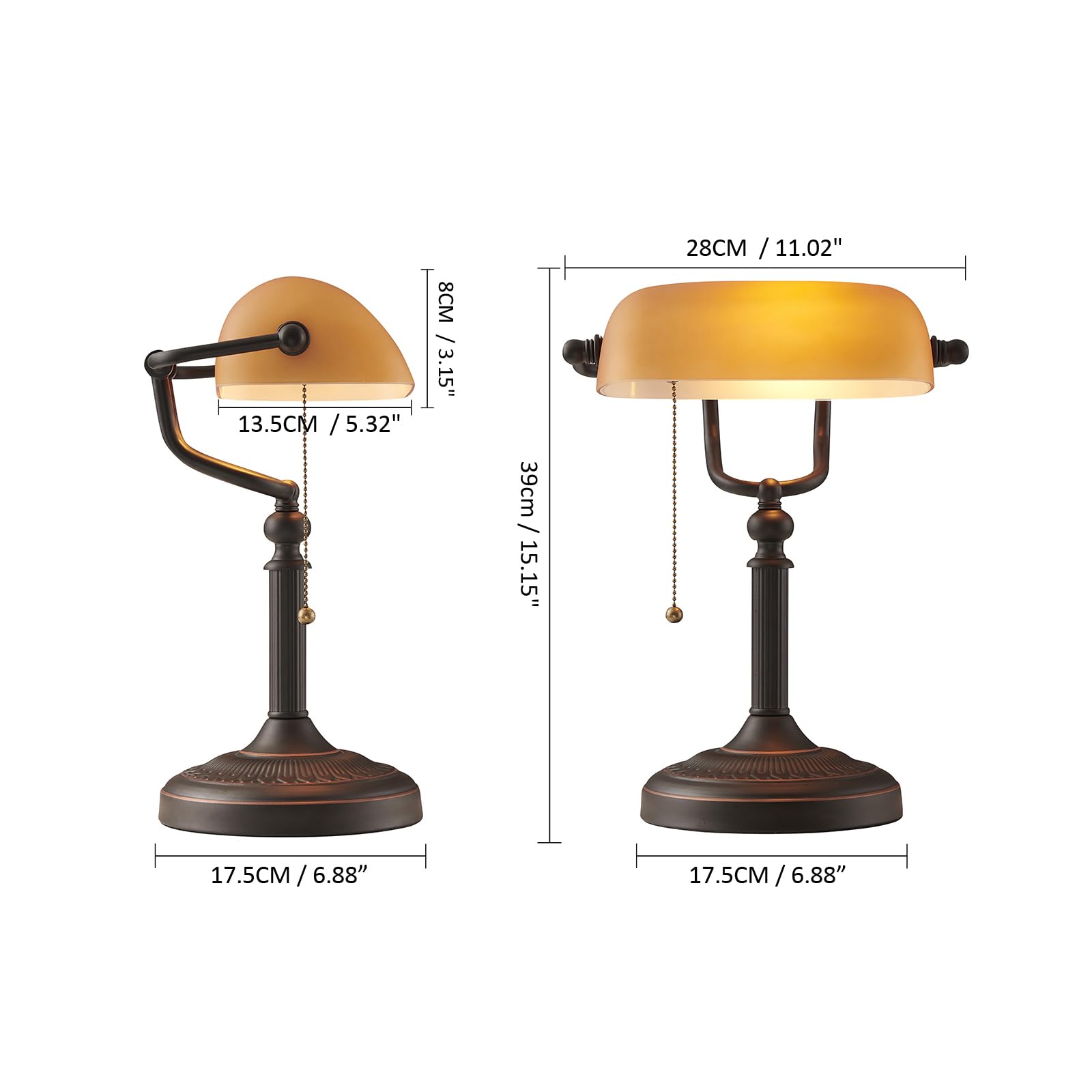 Newrays matted orange glass bankers lamp on a desk brings ambient task light.