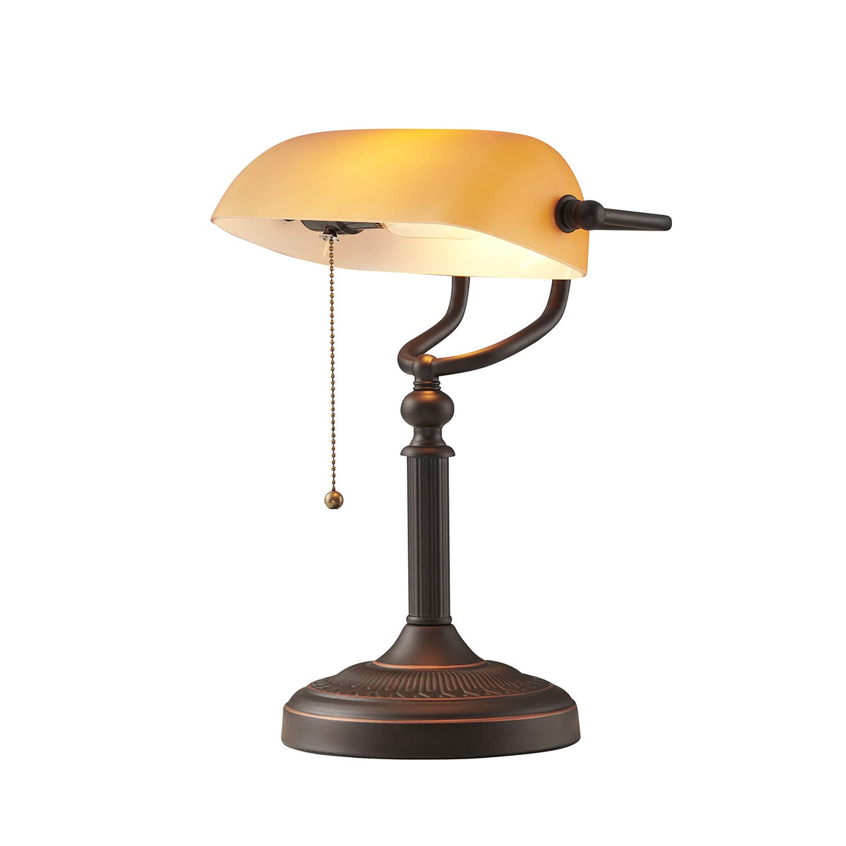 Newrays matted orange glass bankers lamp with pull chain delivers crisp desk illumination for focused work.