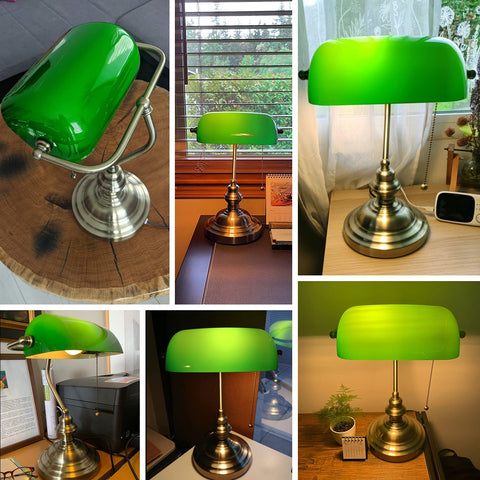 Newrays pull chain desk lamp in green glass for easy switch control.