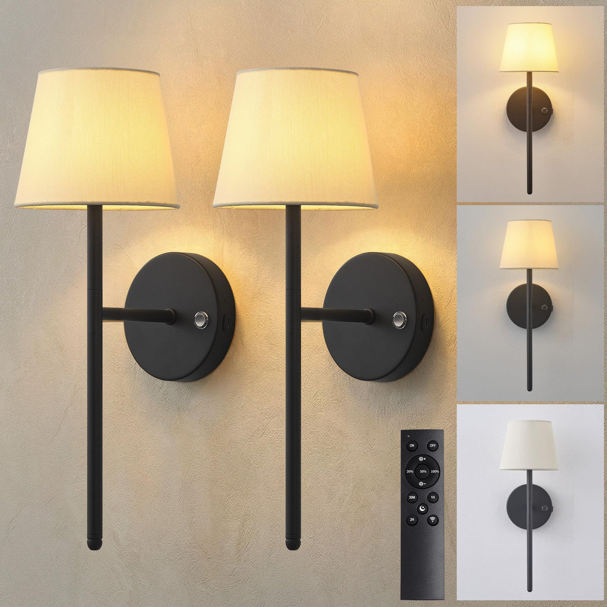 NEWSEE battery wall sconce set of 2 with black base for modern spaces.