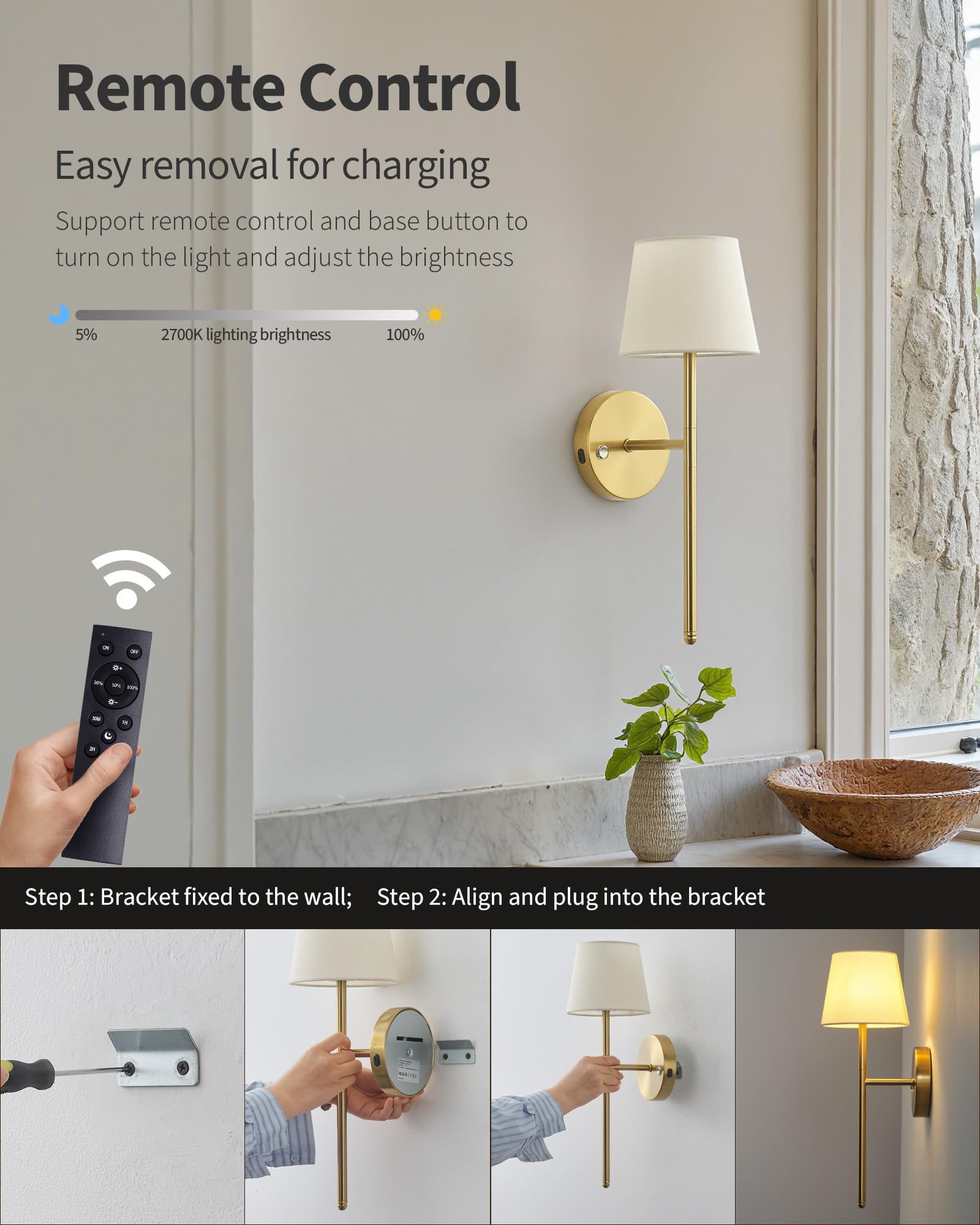 NEWSEE cordless sconce with dimmable brightness and 2700K warmth