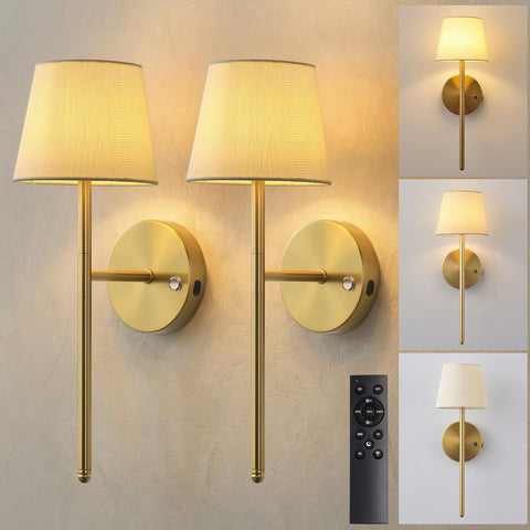 NEWSEE Gold wall sconce with remote and beige shade for easy cordless setup
