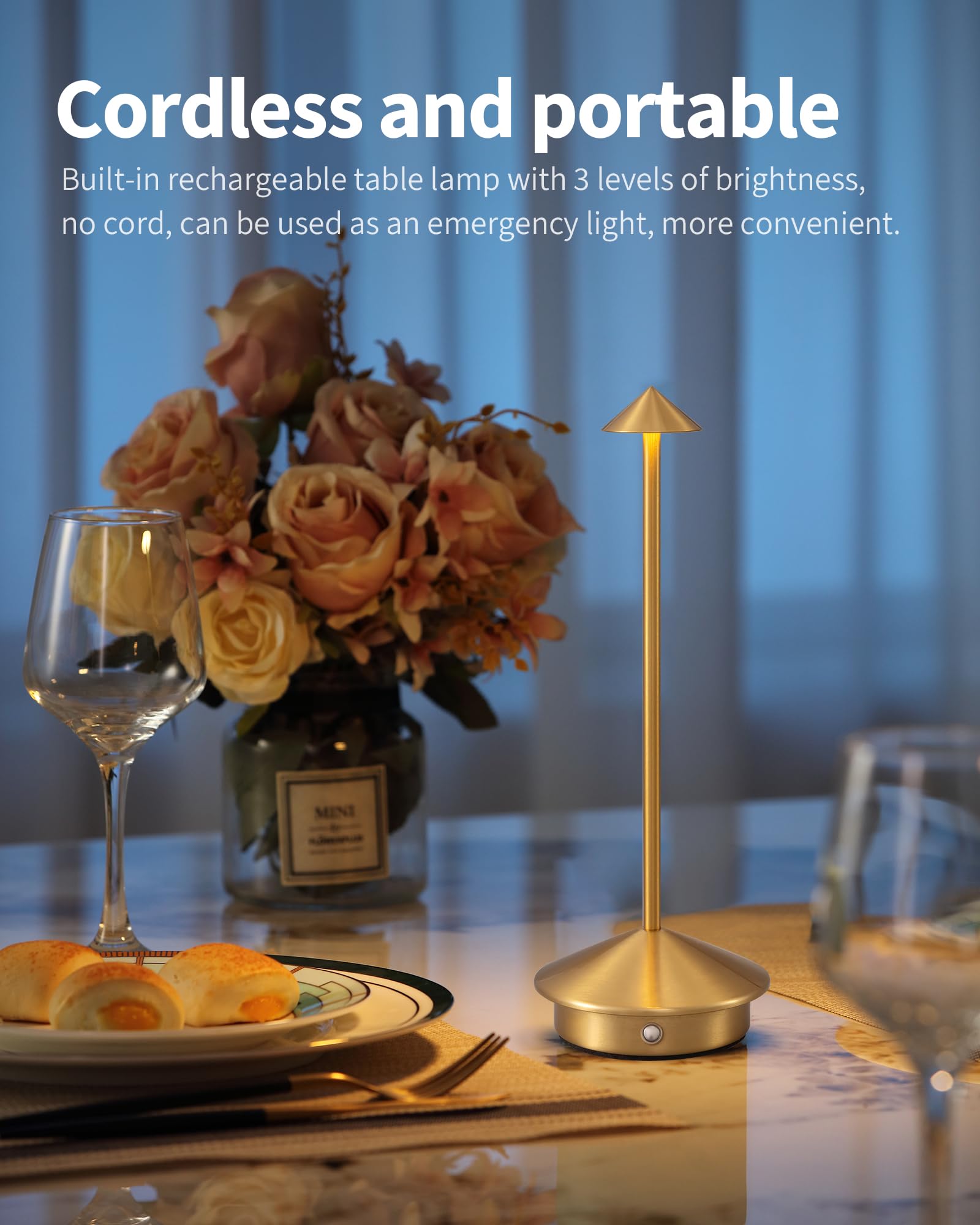 NEWSEE modern cordless lamp in gold adds dining-room style and battery-powered convenience.