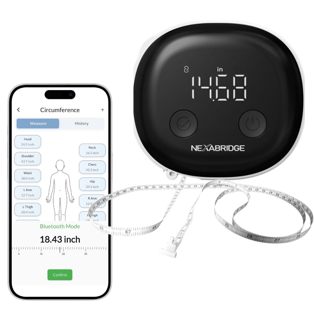 NEXABRIDGE Smart Body Tape Measure with Bluetooth app tracking for real-time progress.