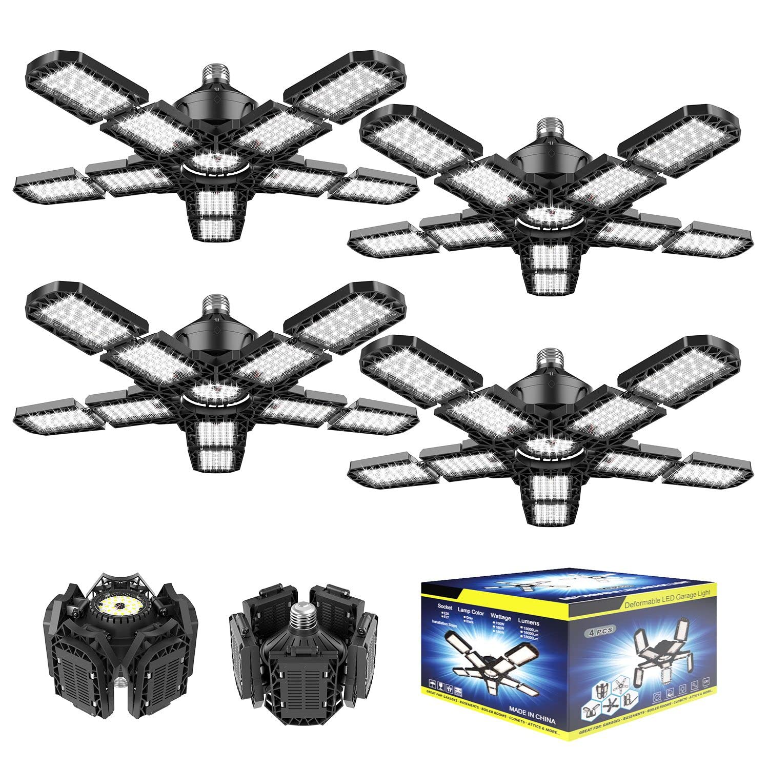 Nexillumi 4 pack LED garage light with panel assembly for full ceiling coverage