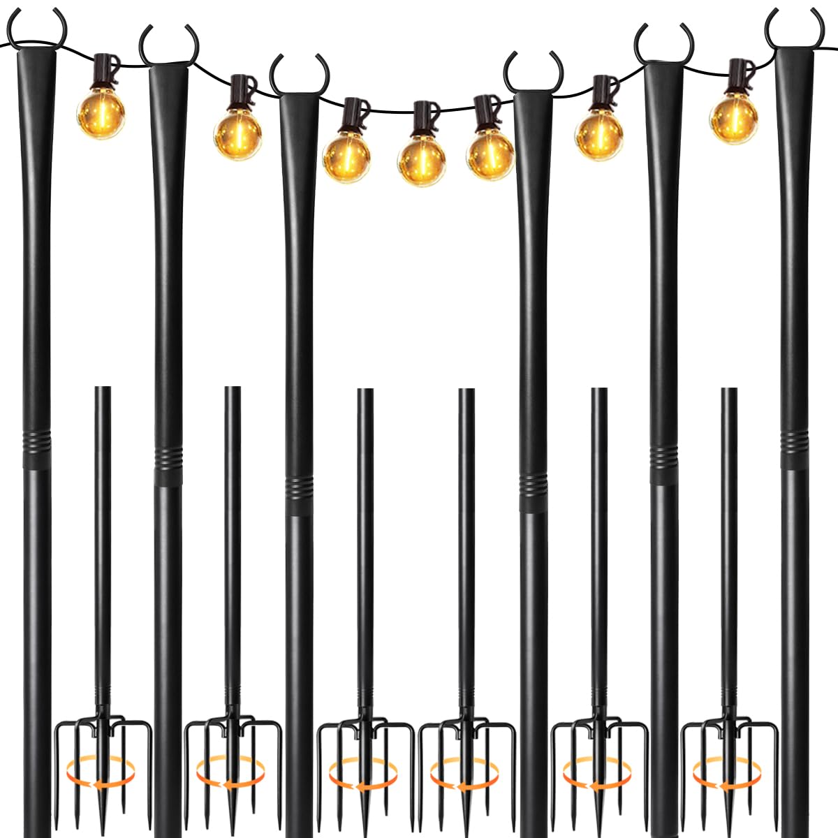Nexillumi six-pack outdoor string light poles with a top claw grip for windy patios.