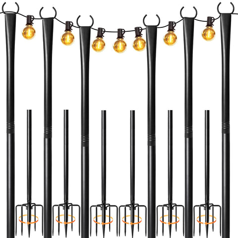 Nexillumi six-pack outdoor string light poles with a top claw grip for windy patios.
