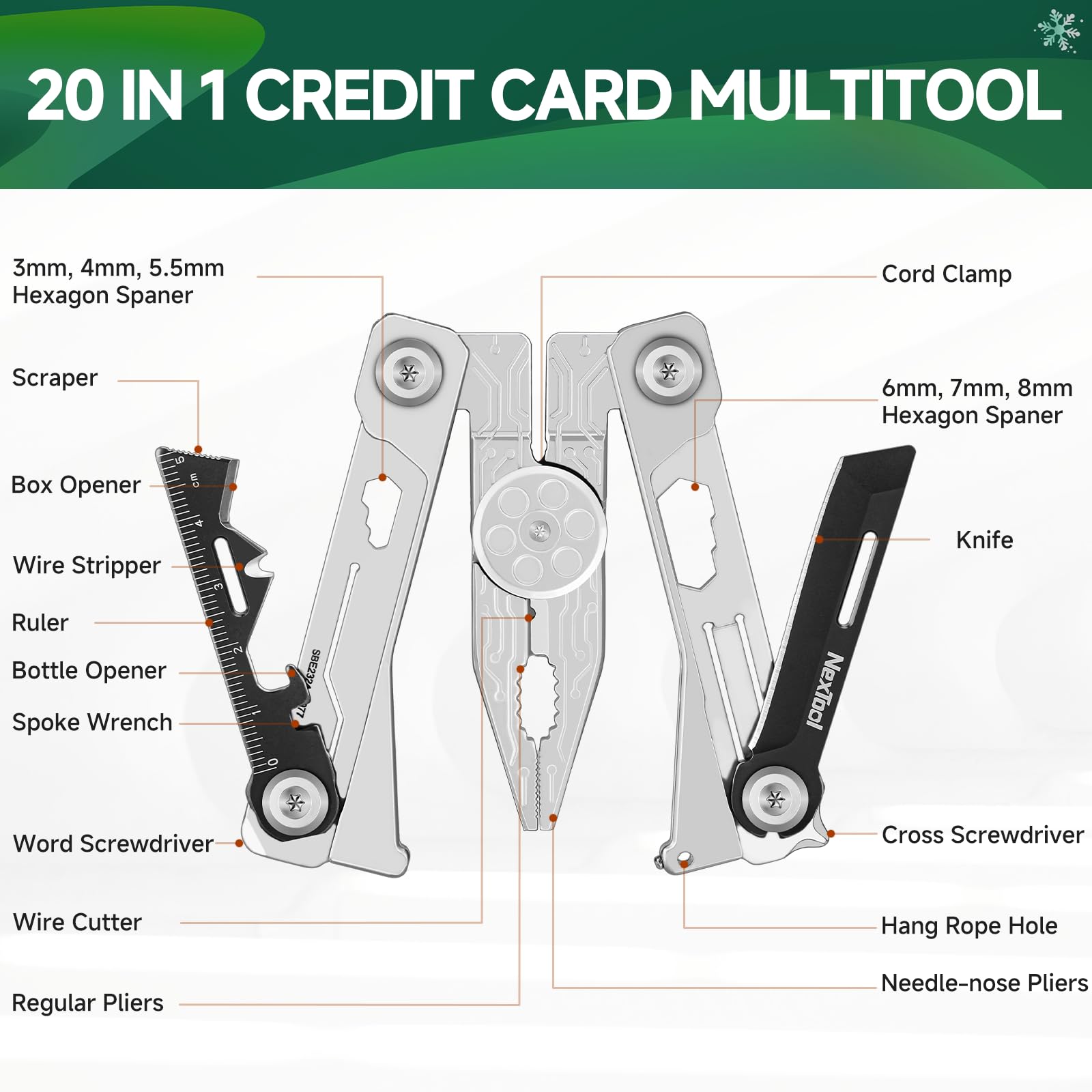 NexTool 20-in-1 wallet multitool knife ready for outdoor chores.