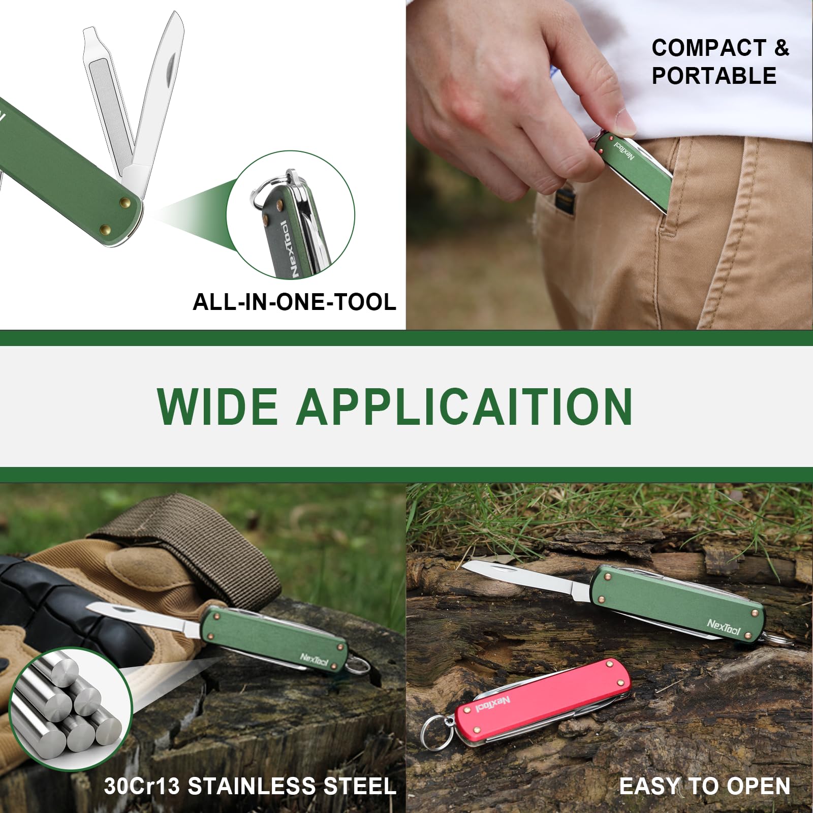 NEXTOOL aluminum handle and blade, durable and corrosion resistant.