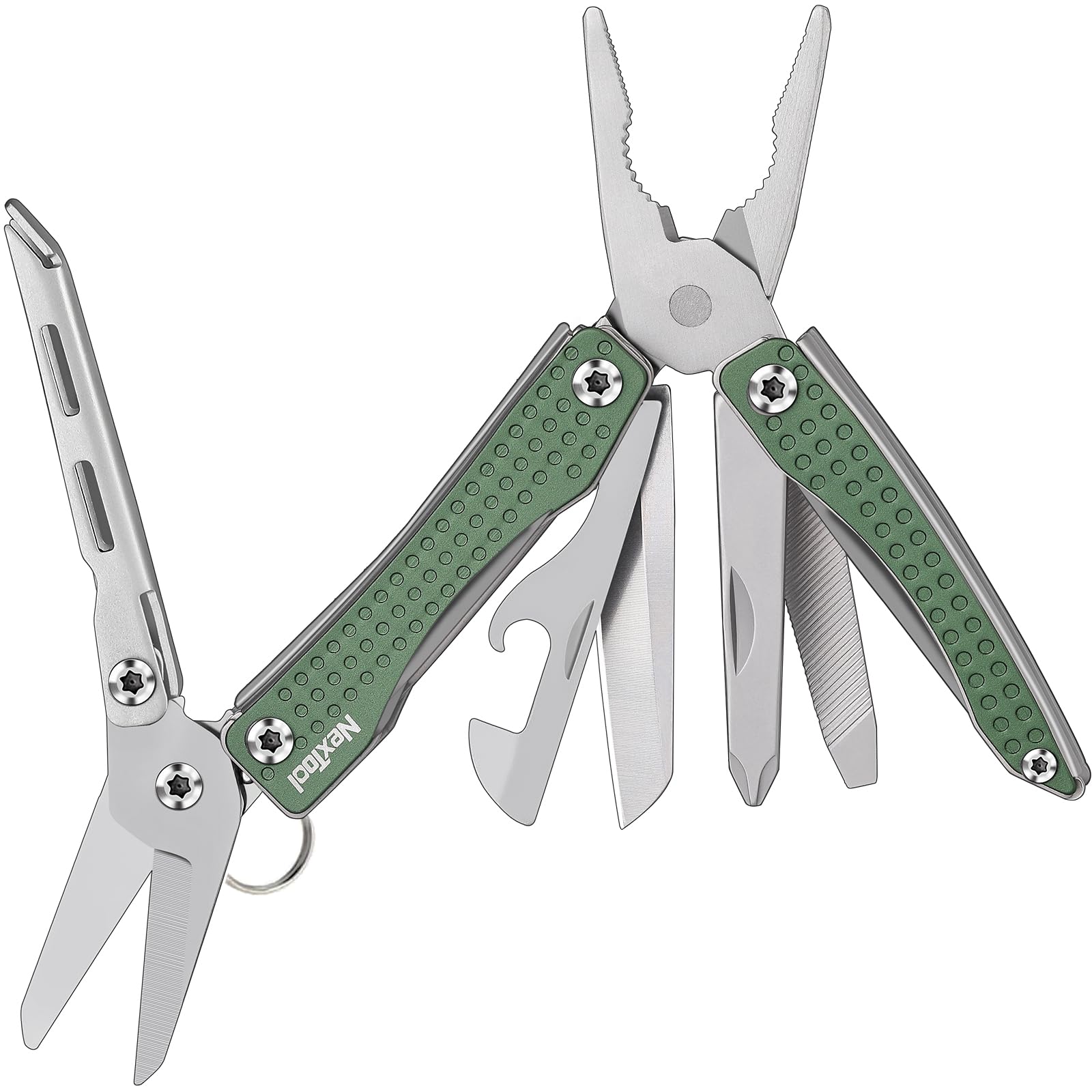 Nextool EDC multitool pliers in hand show durable stainless steel for tough tasks.