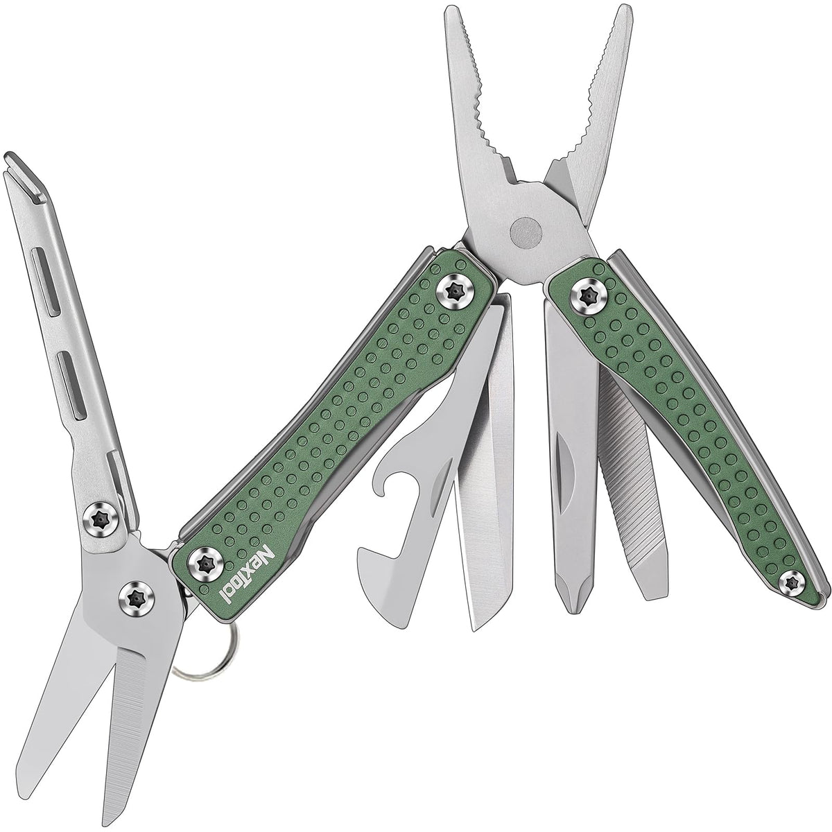 Nextool EDC multitool pliers in hand show durable stainless steel for tough tasks.