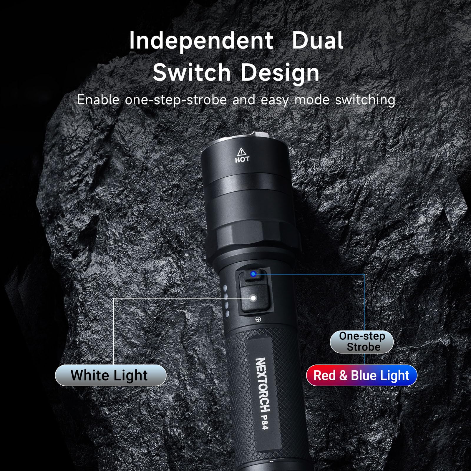 NEXTORCH P84 LED flashlight IPX7 waterproof rating for rain and wet environments.
