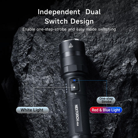 NEXTORCH P84 LED flashlight IPX7 waterproof rating for rain and wet environments.