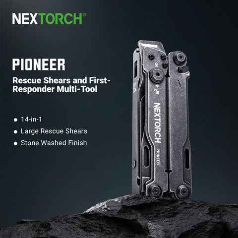 NEXTORCH Pioneer 14-in-1 multitool laid out to show full tool set for quick repairs.