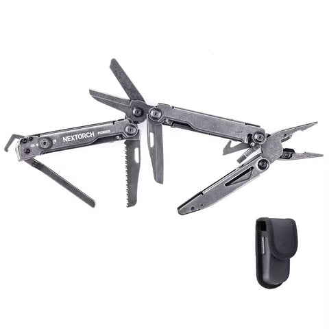 NEXTORCH Pioneer multitool with stone-washed finish for rugged outdoor tasks.