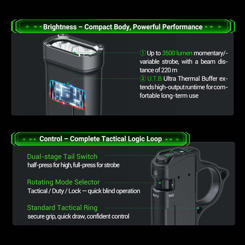 Nextorch TA70 dual-switch control demonstrates tactical and duty modes for versatile use.