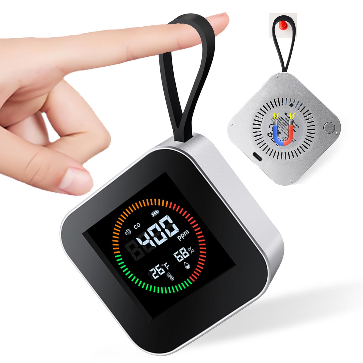 Front view of the NEXUS SENSUS 3-in-1 travel CO detector with compact design.