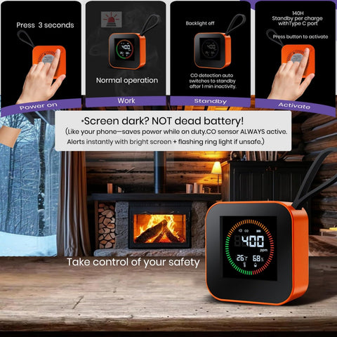 Nexus Sensus display shows CO, temperature, and humidity readings.