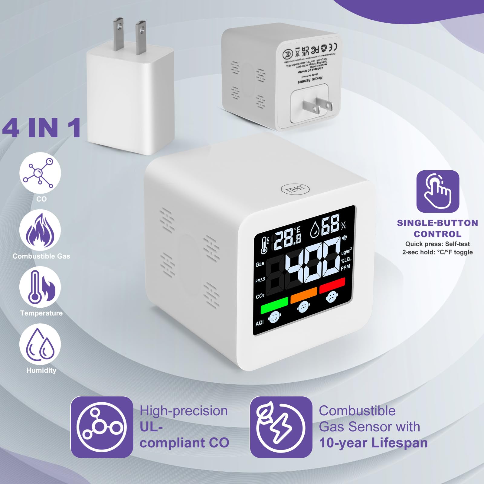 Nexus Sensus red alarm activates for urgent gas or CO danger.