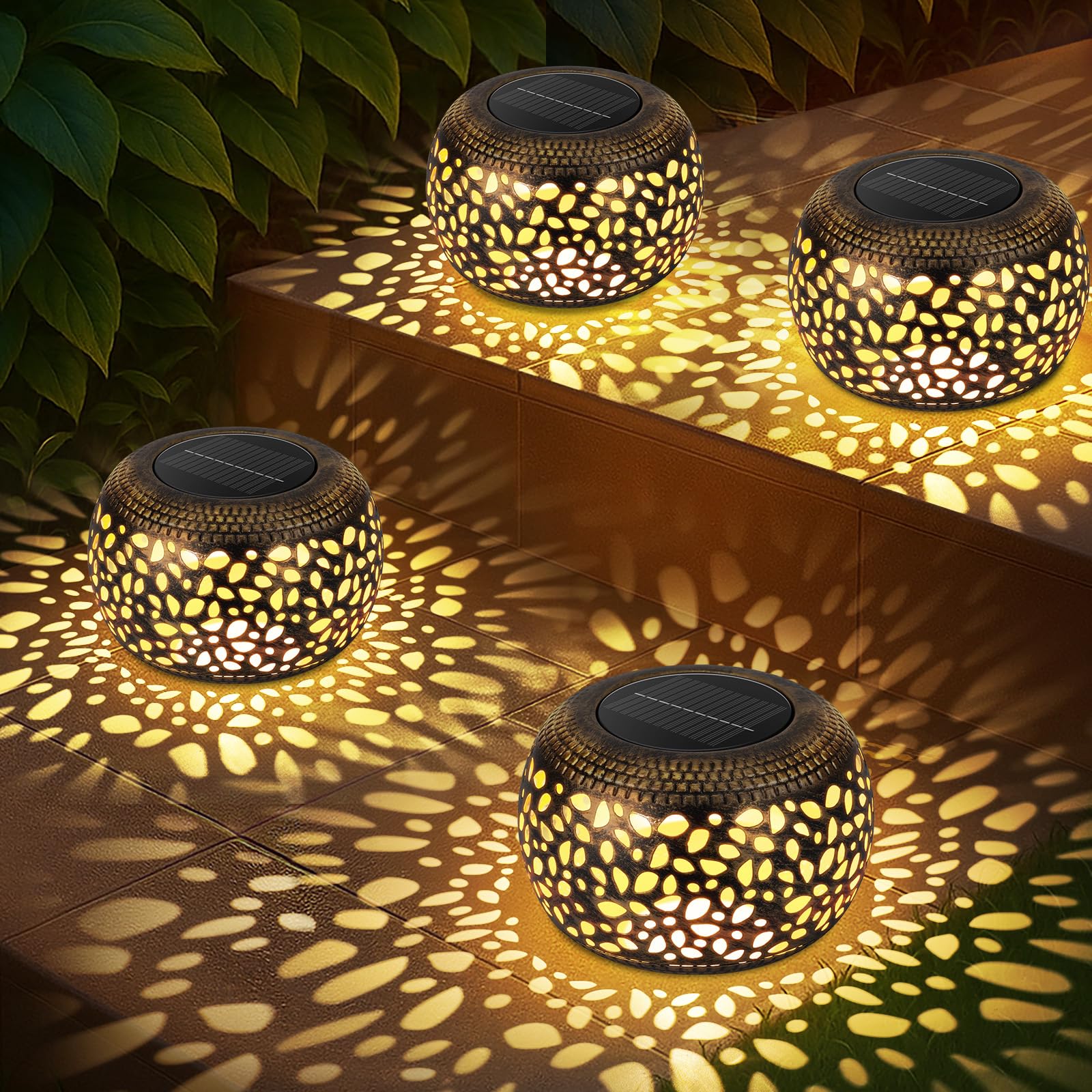 NFEVER solar lantern with hollow pattern casts warm garden glow on porches