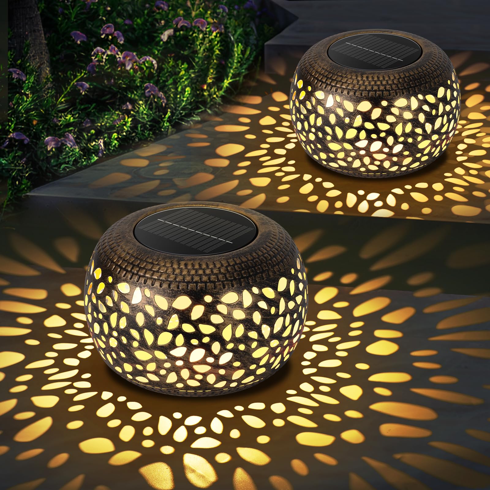 NFEVER solar lantern with round hollow metal frame glows warmly in gardens.