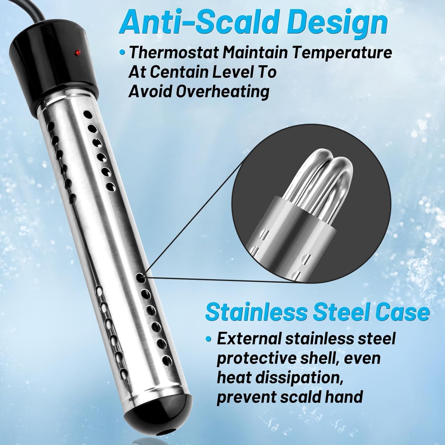 NiaoChao immersion heater stainless steel guard keeps hands safe during heating.