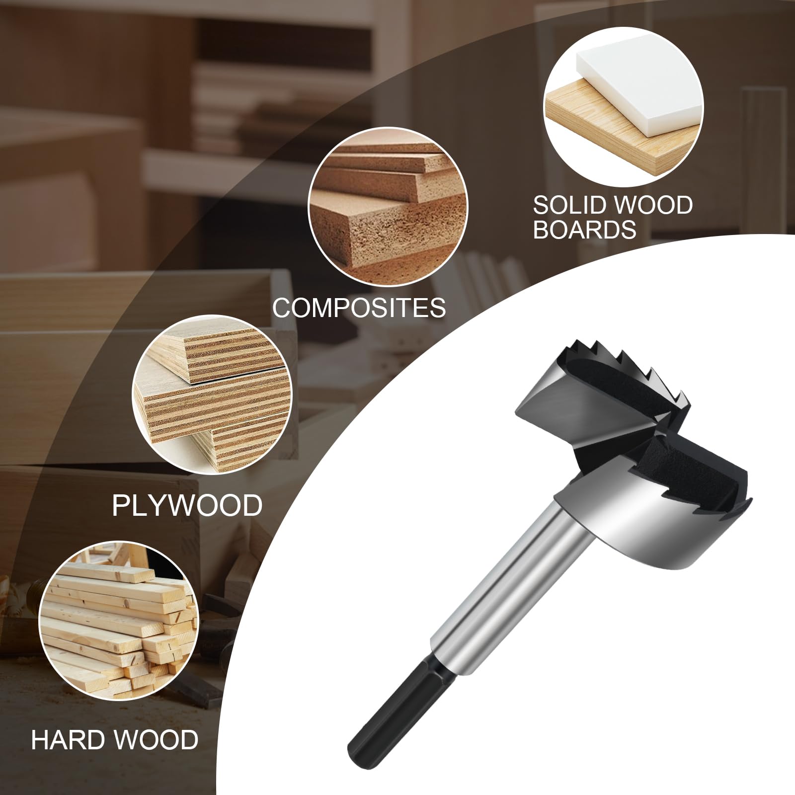 NIBBLAX 4in Forstner bit material compatibility allows drilling through hardwood, plywood, and plastics.