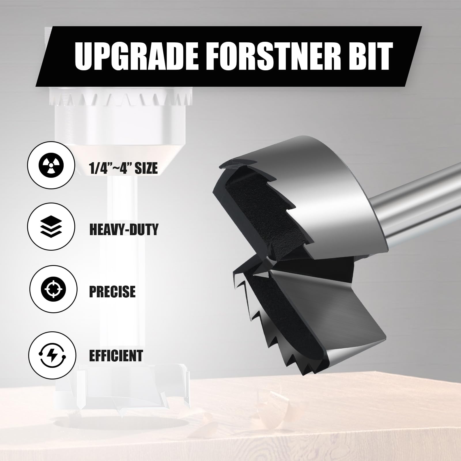 NIBBLAX 4in Forstner bit in woodworking usage shows versatile cutting through wood and plastics.