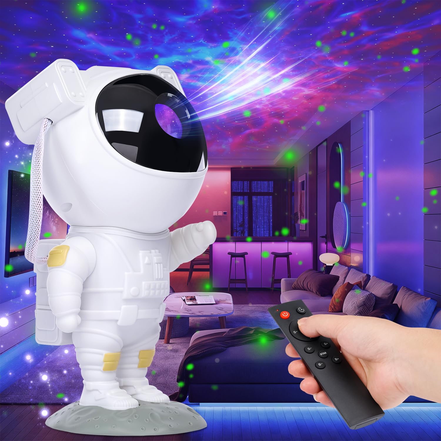 NICAYET Star Projector astronaut head displays a starry view to create a calming bedroom atmosphere.