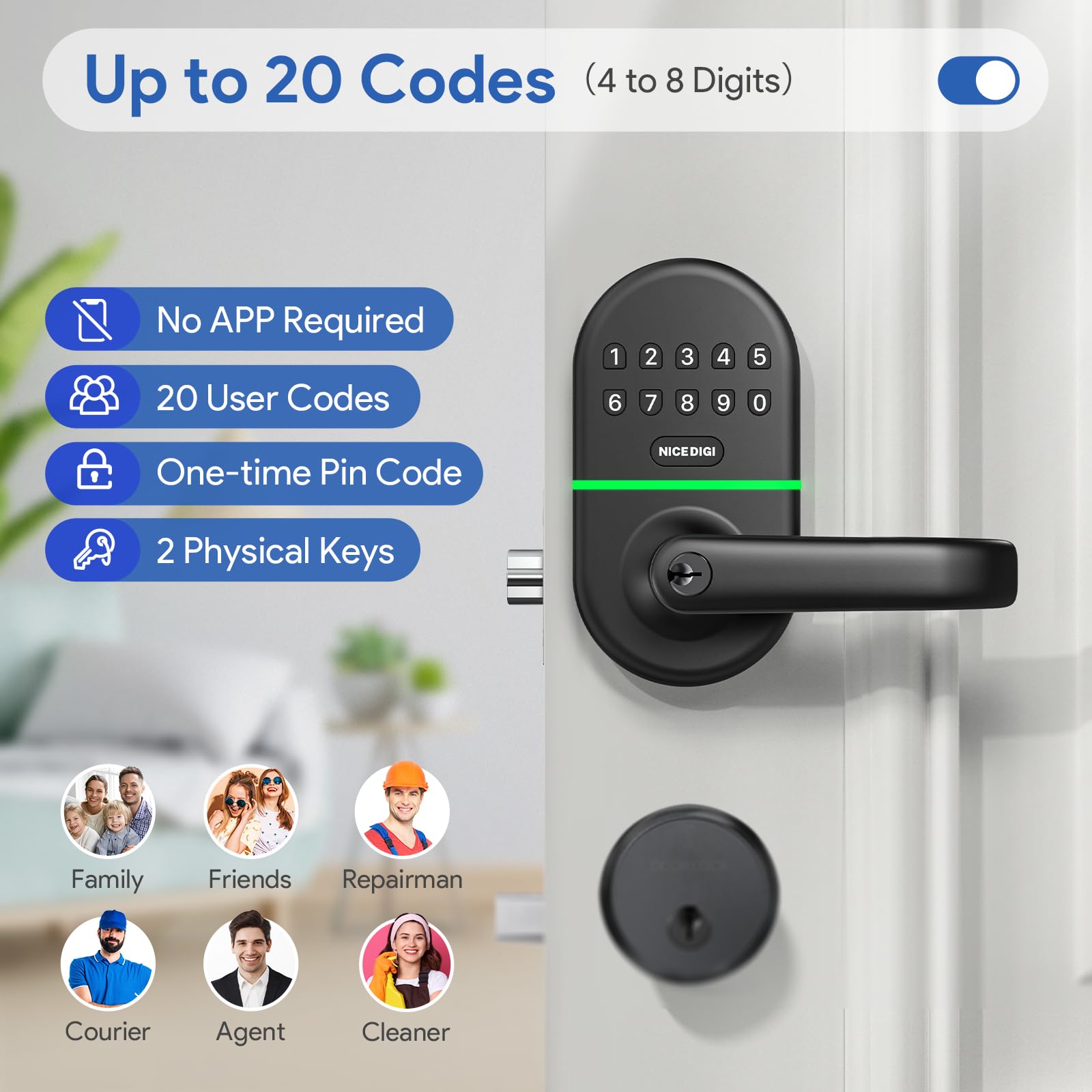 Nice Digi keypad lock backlit keypad for night-time use and visibility.
