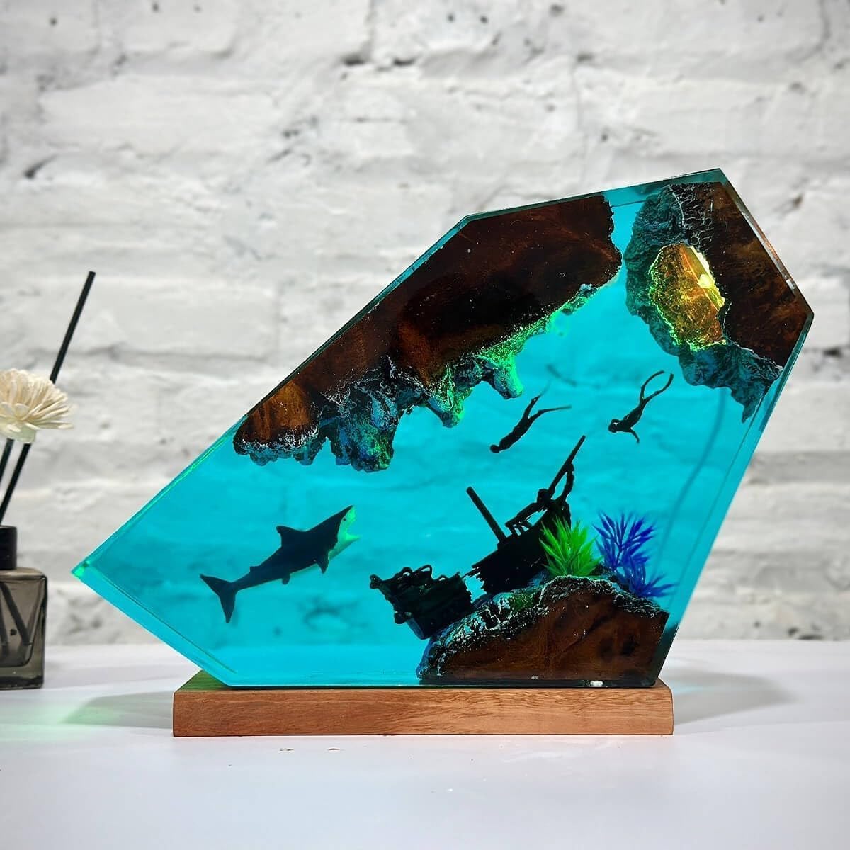NICE HERA shark ocean resin lamp LED-lit for gentle night lighting.
