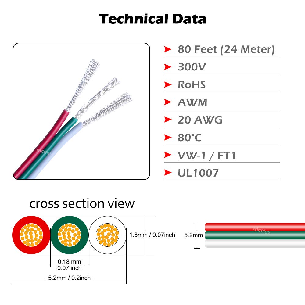 Nicelux 3-pin LED extension wire 20 AWG supporting WS2812/WS2811 pixel tapes.