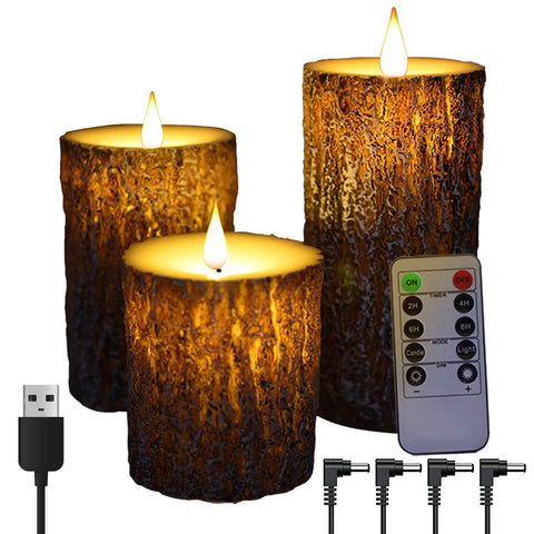 NICEME pine bark candle closeup reveals natural texture and long-lasting flameless glow.