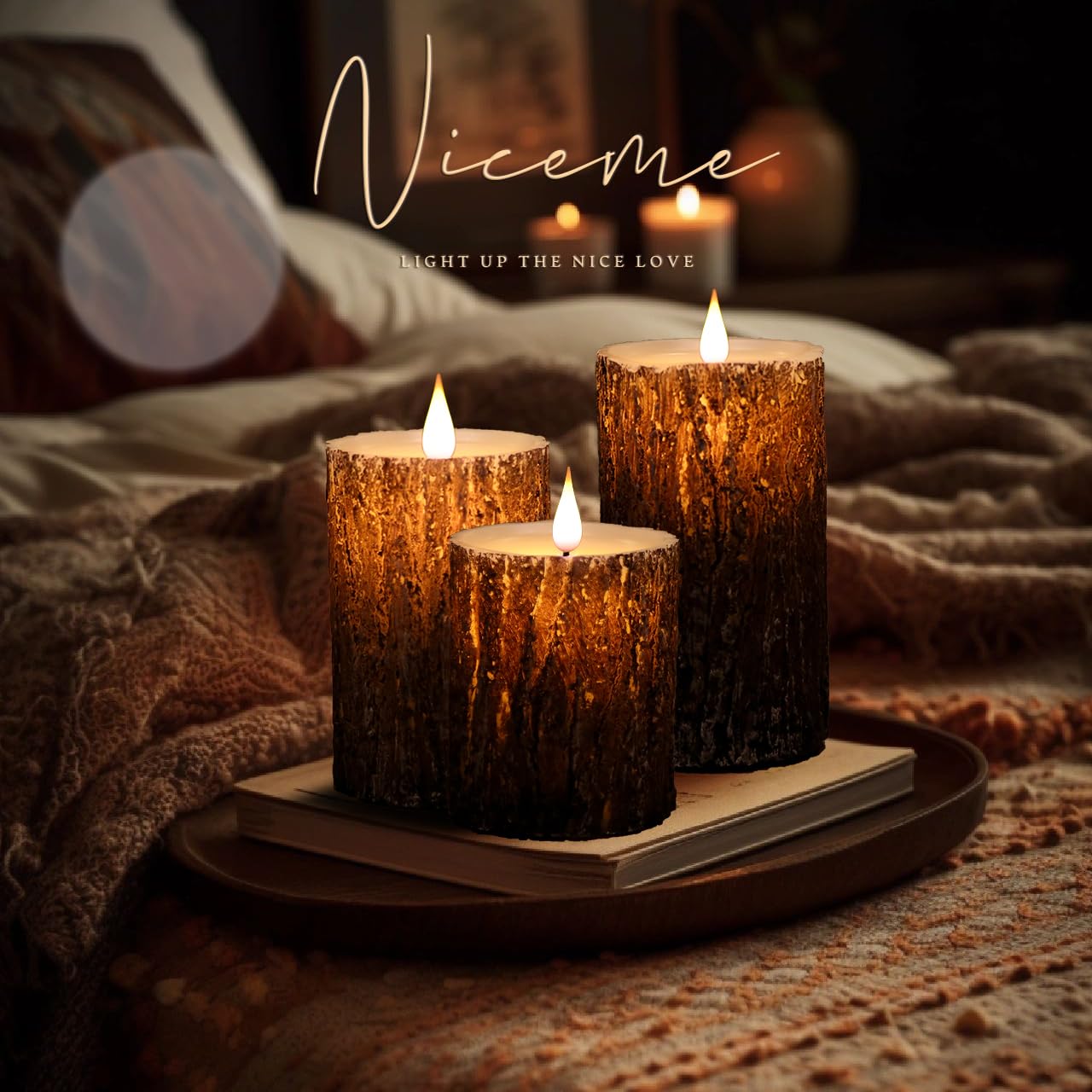 NICEME pine bark candle packaging highlights premium natural design.