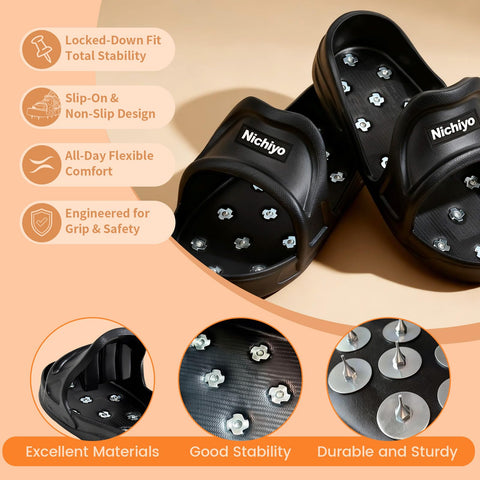 Nichiyo epoxy shoes with spikes provide stable grip on resin floors.