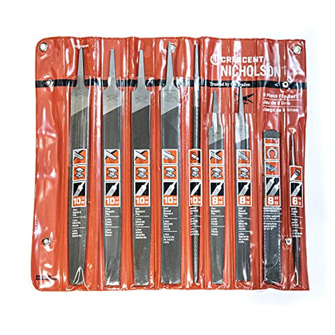 Nicholson 9 pc file set tools display for deburring and finishing.