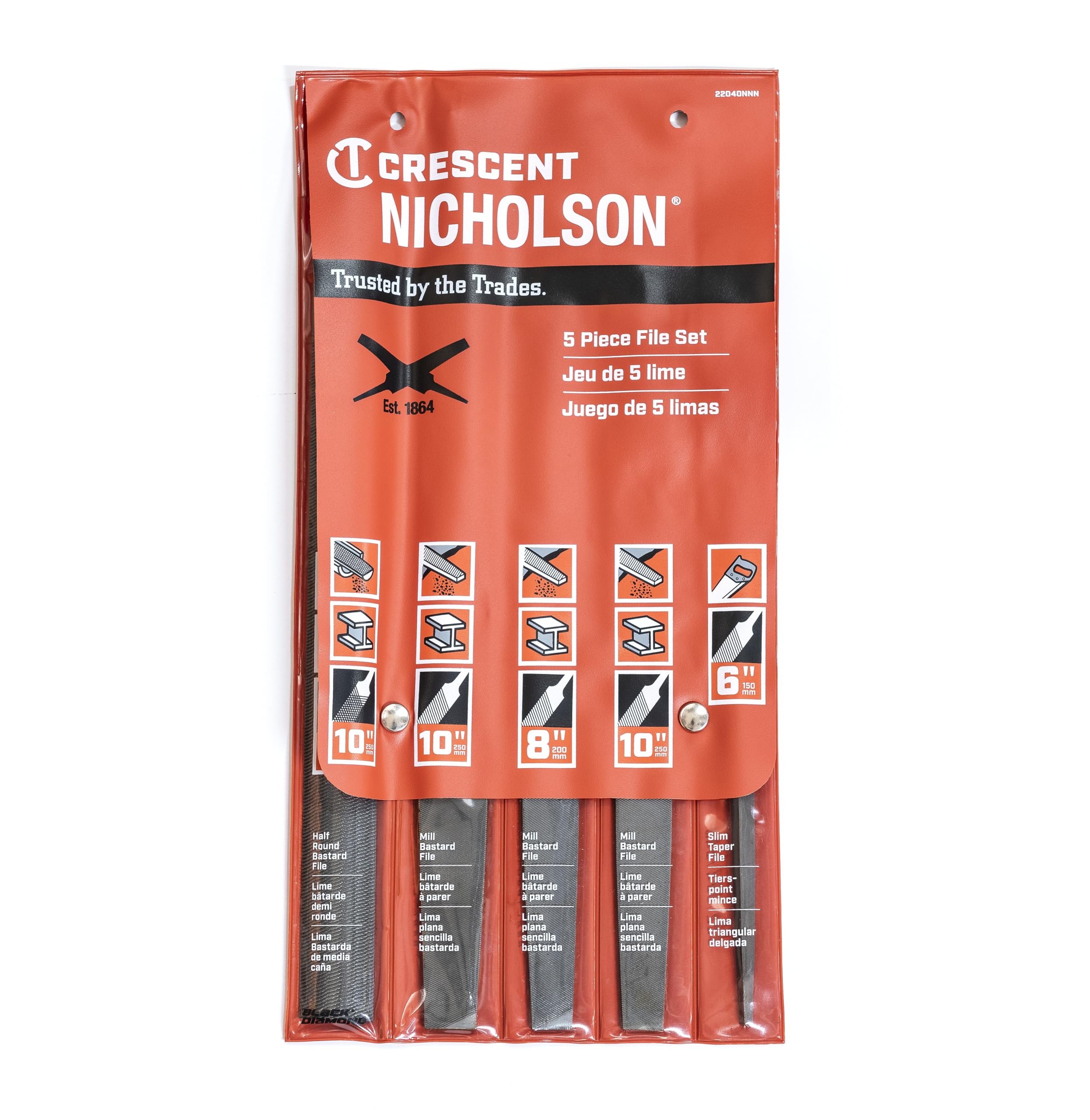Nicholson 10-inch half-round bastard file from the set, designed for aggressive material removal.